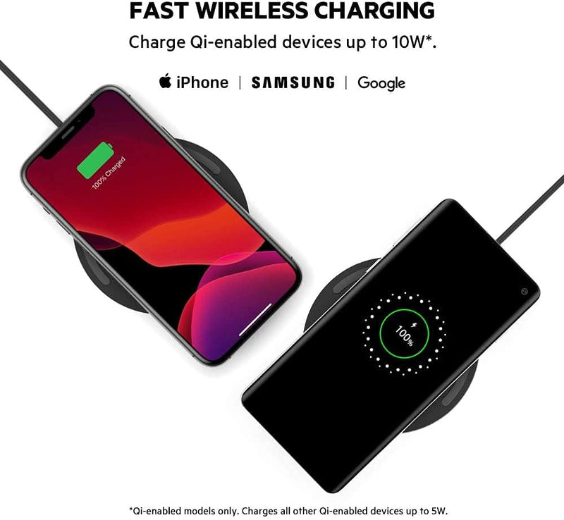 Quick Charge Wireless Charging Pad - 10W Qi-Certified Charger Pad for Apple Iphone, Samsung Galaxy, Pixel, Airpods Pro & More, Charge While Listening to Music, Streaming Videos - Black (No PSU)