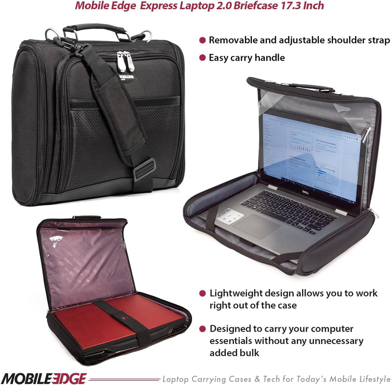 Mobile Edge Express 2.0 Laptop Computer Briefcase Bag with Strap for Men and Women, Fits up to 17 Inch Laptops, for Travel, Work, Business, Black