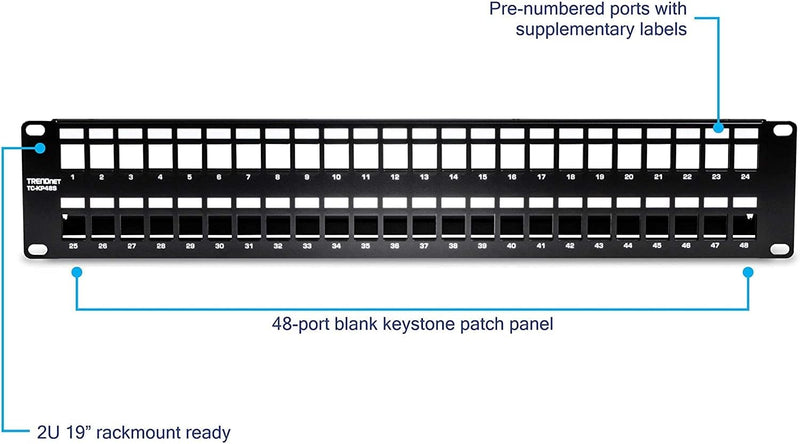 48-Port Blank Keystone Shielded 2U HD Patch Panel, TC-KP48S, 2U 19 Metal Rackmount Housing, Network Management Panel, Recommended with TC-K06C6A Cat6A Keystone Jacks (Sold Separately)
