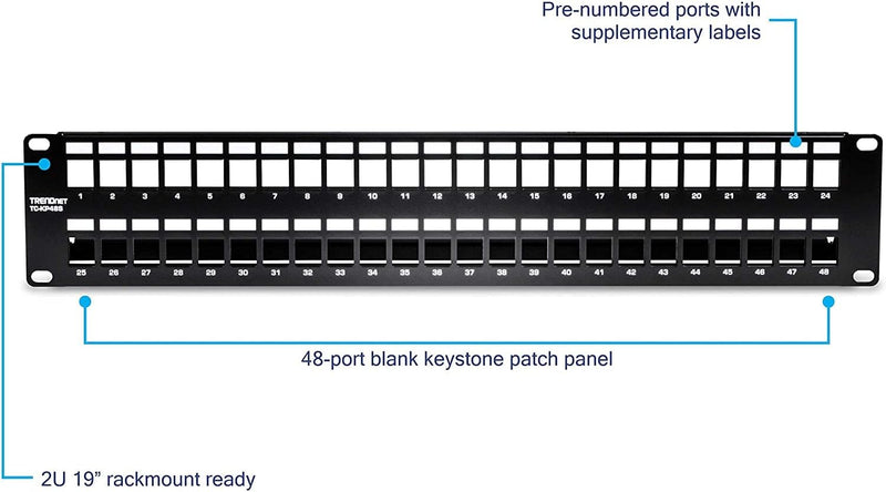 48-Port Blank Keystone Shielded 2U HD Patch Panel, TC-KP48S, 2U 19” Metal Rackmount Housing, Network Management Panel, Recommended with TC-K06C6A Cat6A Keystone Jacks (Sold Separately)