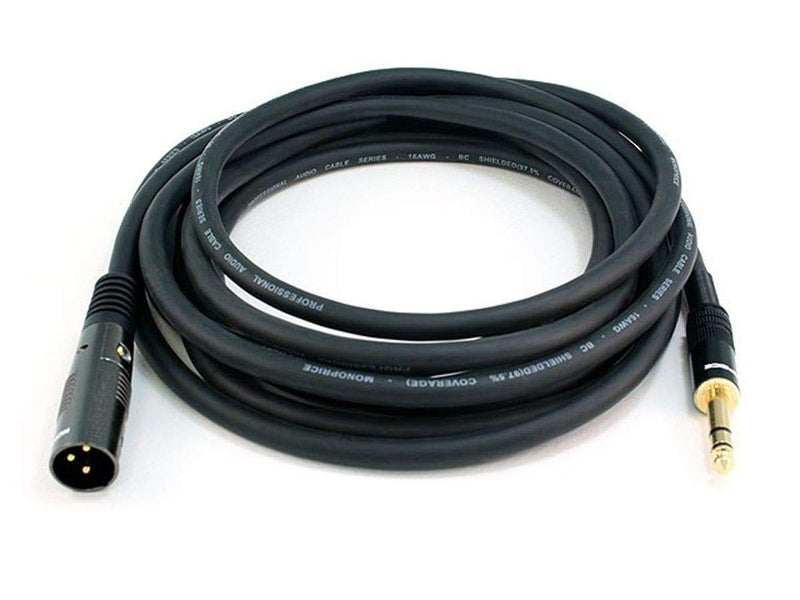 XLR Male to 1/4-Inch TRS Male Cable - 15 Feet - Black, 16AWG, Gold Plated - Premier Series