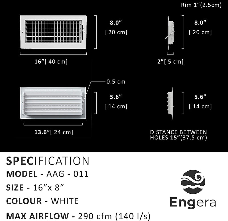 Adjustable Double Deflection HVAC Air Register-Supply Air Diffuser Air Vent Register-Heating/Ac Vent Cover-Wall Register 14X6"Duct [16X8"Face]