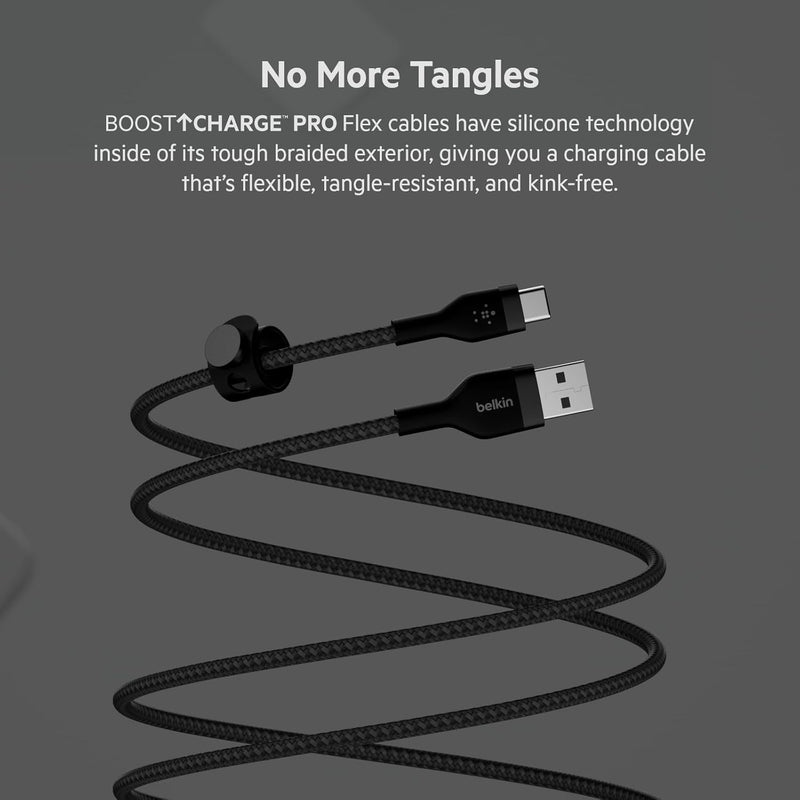 Boostcharge Pro Flex Braided USB-C to USB-A Cable (6.6Ft/2M), USB-C USB-IF Certified Fast Charging Cable for Iphone 16, Ipad Pro, Galaxy S24, S23, Note, Pixel, & More - Black (2-Pack)