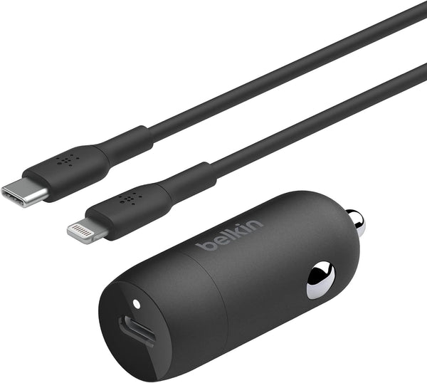 Boost↑Charge™ 30W Fast Car Charger, Compact Design W/Usb-C Power Delivery Port, USB-C to Lightning Cable Included, Universal Compatibility for Iphone 14 Series, Ipad, and More - Black