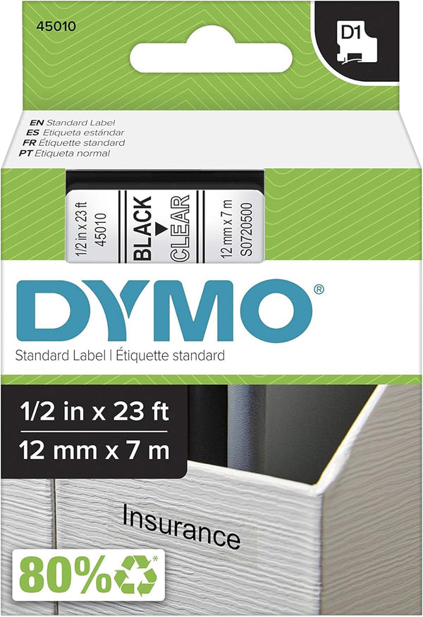 Authentic D1 Label L  Labels for Labelmanager, COLORPOP and Labelwriter Duo Label Makers, Great for Organization, Indoor or Outdoor Use, ½” (12Mm), Black Print on Clear Tape, Water Resistant