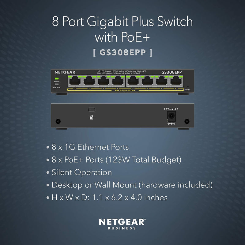 8 Port Poe Gigabit Ethernet plus Switch (GS308EPP) - with 8 X Poe+ @ 123W, Desktop or Wall Mount plus 8 Port | 8Xpoe+ 123W