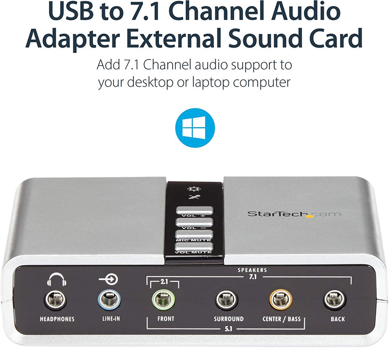 7.1 USB Sound Card - External Sound Card for Laptop with SPDIF Digital Audio - Sound Card for PC - Silver (ICUSBAUDIO7D)