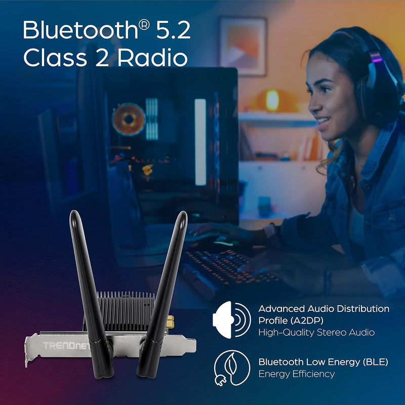 AX3000 Wireless Dual Band & Wifi 6 Pcie Adapter, Bluetooth 5.2 Class 2, 2401 Mbps Wireless AX, 600 Mbps Wireless N Bands, Windows 10, Supports up to WPA3 Wifi Connectivity, Black, TEW-907ECH