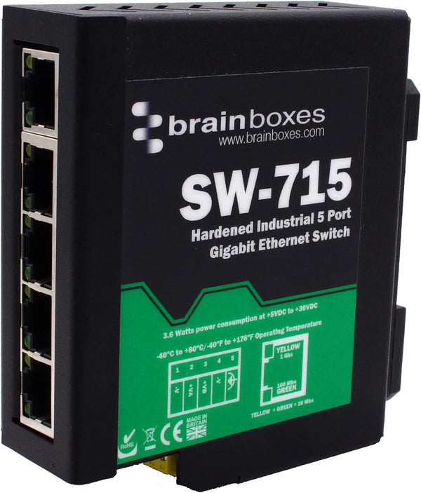 - SW-715 -  Hardened Industrial 5 Port Gigabit Ethernet Switch DIN Rail Mountable - 5 Ports - TAA Compliant - 2 Layer Supported - Twisted Pair - DIN Rail Mountable - Lifetime