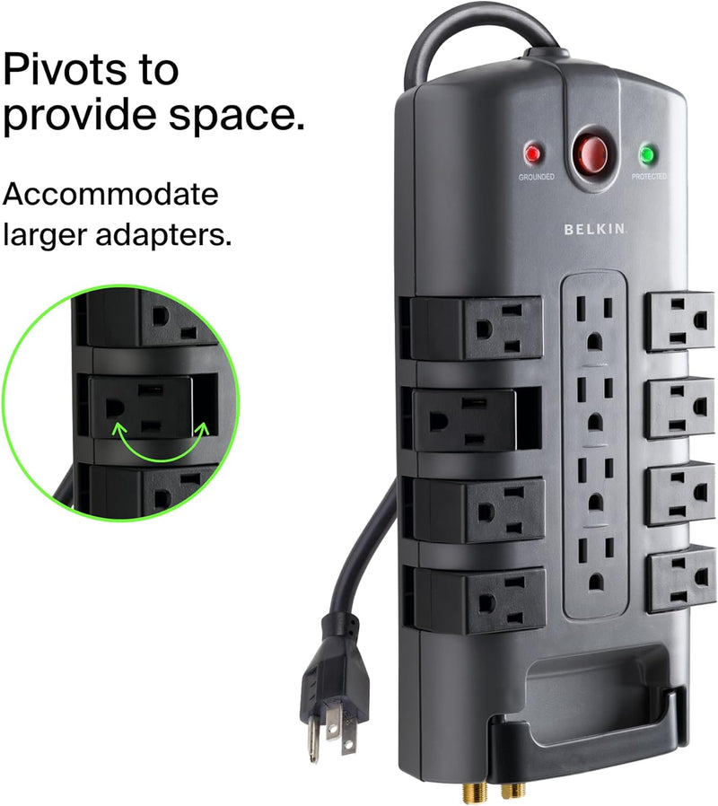 Surge Protector Power Strip W/ 8 Rotating & 4 Standard Outlets - 8Ft Sturdy Extension Cord W/ Flat Pivot Plug for Home, Office, Travel, Desktop & Charging Brick - 4320 Joules of Protection