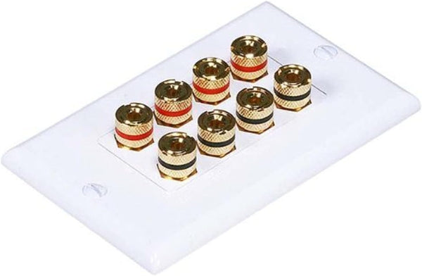 Moonrise  103326 Banana Binding Post Two-Piece Inset Coupler Wall Plate for 4 Speakers, White