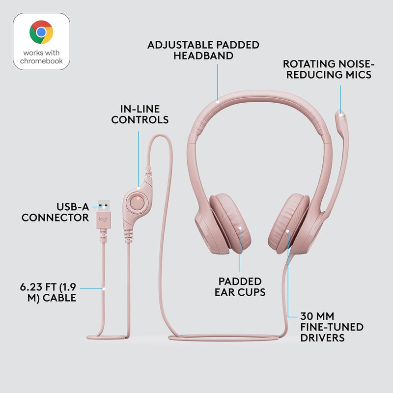 Logitech H390 Wired Headset for Pc/Laptop, Stereo Headphones with Noise Cancelling Microphone, USB-A, In-Line Controls for Video Meetings, Music, Gaming and beyond - Rose