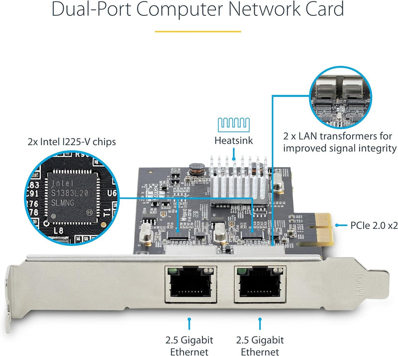 2-Port 2.5Gbps NBASE-T Pcie Network Card, Intel I225-V, Dual-Port Computer Network Card, Multi-Gigabit NIC, PCI Express Server LAN Card, Desktop Ethernet Interface (PR22GI-NETWORK-CARD) 2 Port 2.5G