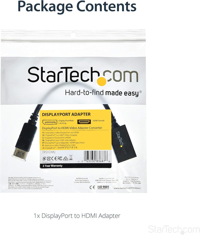 Startech.Com Displayport to HDMI Adapter - DP 1.2 to HDMI Video Converter 1080P - DP to HDMI Monitor/Tv/Display Cable Adapter Dongle - Passive DP to HDMI Adapter - Latching DP Connector (DP2HDMI2)