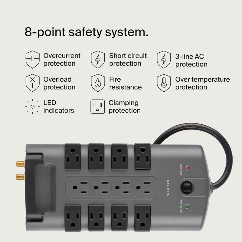 Surge Protector Power Strip W/ 8 Rotating & 4 Standard Outlets - 8Ft Sturdy Extension Cord W/ Flat Pivot Plug for Home, Office, Travel, Desktop & Charging Brick - 4320 Joules of Protection