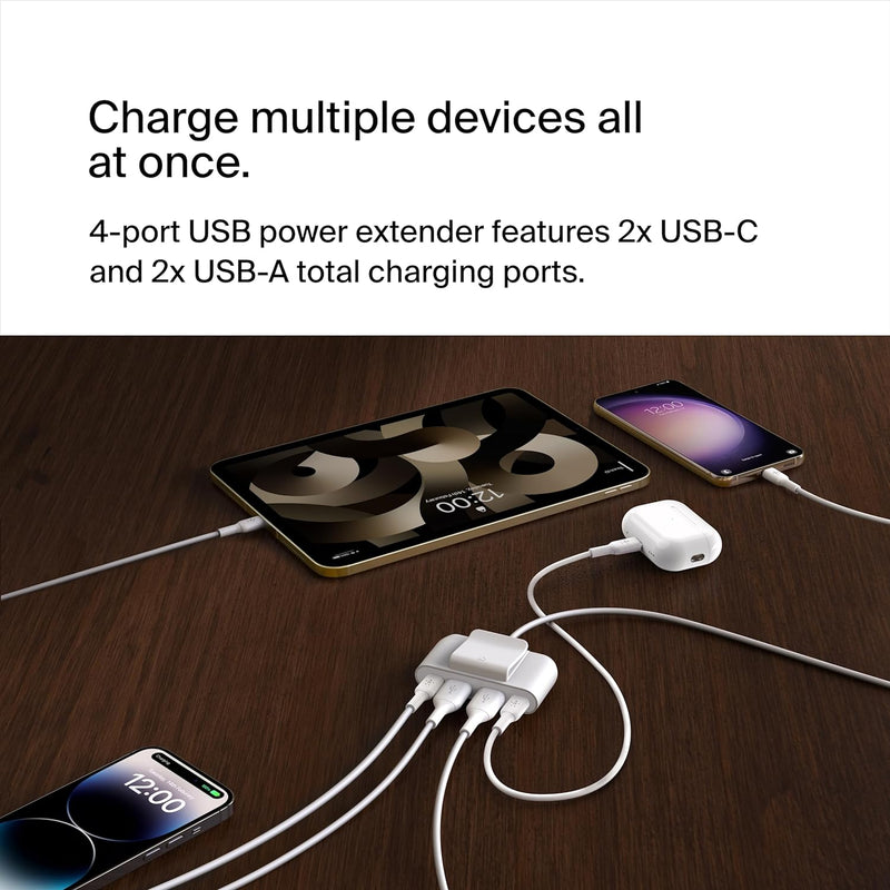 Boostcharge 4-Port USB Power Extender for Apple Iphone, Ipad, Samsung Galaxy - Compatible W/Usb-C & USB-A Connections - White