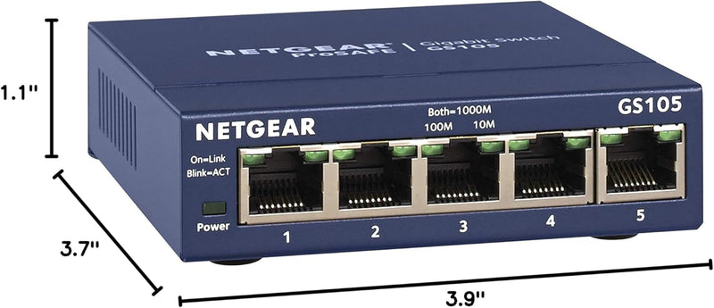 5-Port Gigabit Ethernet Unmanaged Switch (GS105NA) - Desktop or Wall Mount, and Limited Lifetime Protection Gray