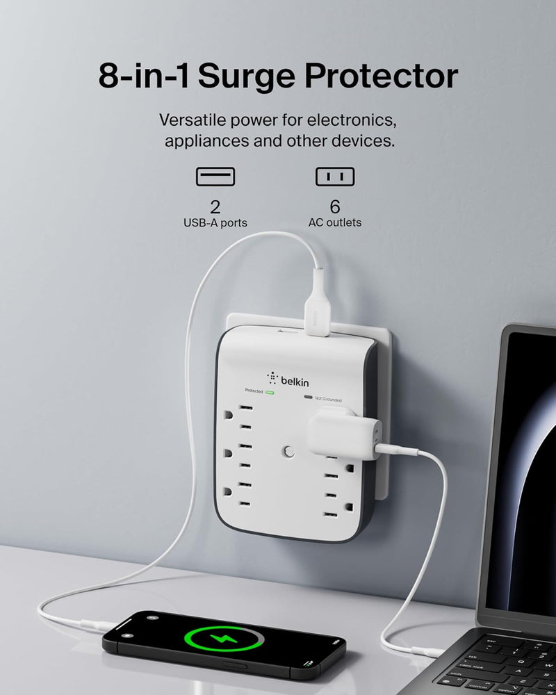 6-Outlet Wall Surge Protector W/ 2 USB-A Ports, Wall-Mountable Surge Protector for Home, Office, Travel, Computer Desktop, Laptop, Phone Charger, & More - 900 Joules of Protection