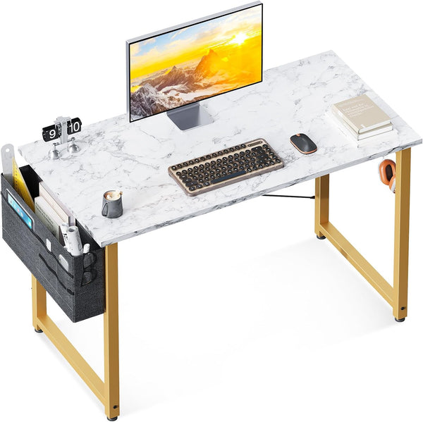 Computer Desk, 40 Inch Small Study Desk, Office Desk with Storage, Work Table with Headphone Hook for Small Space Home Office, White Marble + Gold Leg