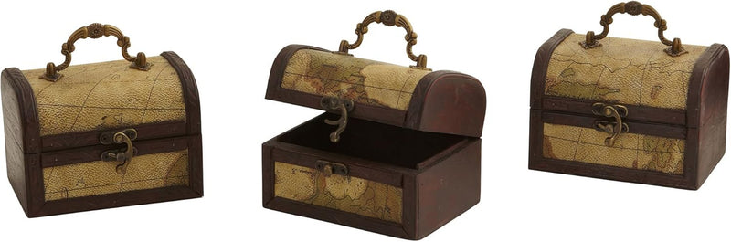 Nearly Natural Decorative Trunk Chests with Map Design, Brown, Set of 3