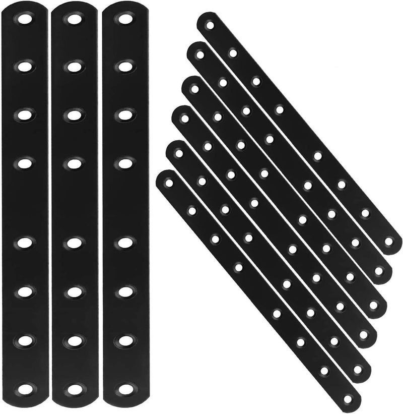 12PCS Mending Plates, 10” Heavy Duty Flat Straight Brackets, Black Metal Mending Plate for Repairing Wood Furniture Dresser Shelf Bed Table, Fixing Furniture Fastener Hardware