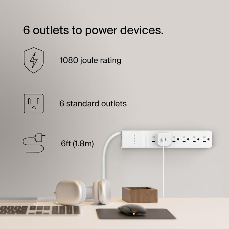 6-Outlet Surge Protector Power Strip, 6Ft Cord, 360° Rotating Plug - 1080 Joules Protection