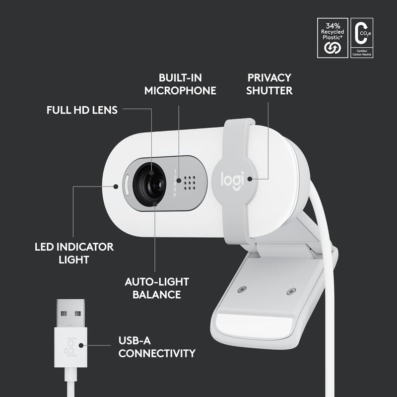 Logitech Brio 100 Full HD 1080P Webcam for Meetings and Streaming, Auto-Light Balance, Built-In Mic, Privacy Shutter, USB-A, for Microsoft Teams, Google Meet, Zoom and More - off White