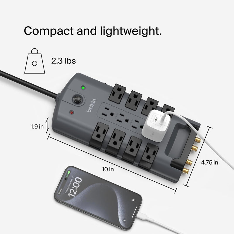 Surge Protector Power Strip W/ 8 Rotating & 4 Standard Outlets - 8Ft Sturdy Extension Cord W/ Flat Pivot Plug for Home, Office, Travel, Desktop & Charging Brick - 4320 Joules of Protection