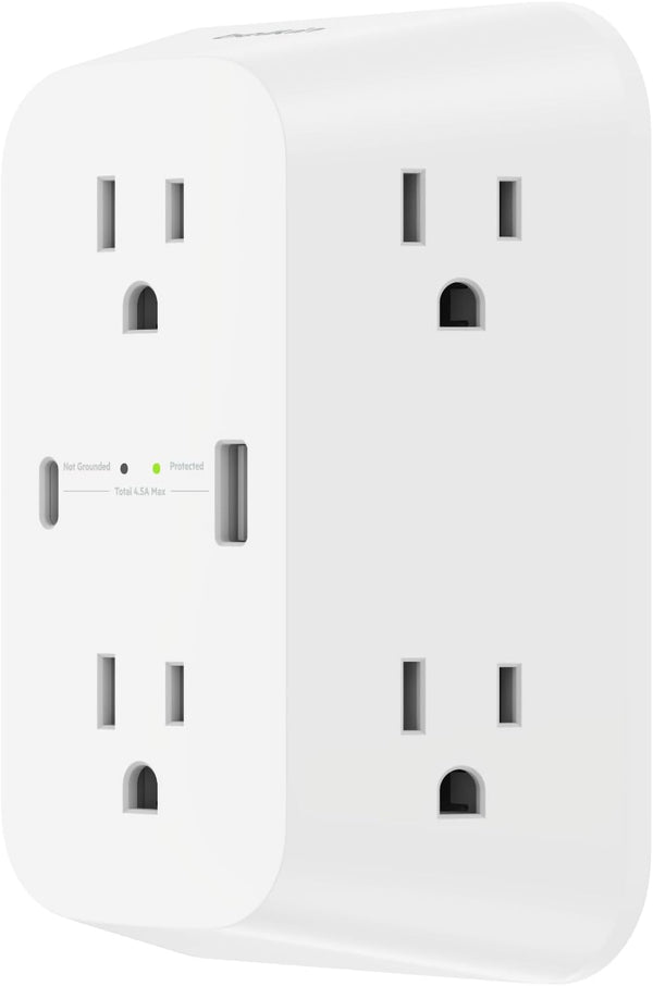 6-Outlet Surge Protector Power Strip, Etl-Listed, Wall-Mountable W/ 6 AC Outlets, Overvoltage Protection, LED Indicator, USB-C & USB-A Ports W/ USB-C PD Fast Charge - 1,680 Joules of Protection