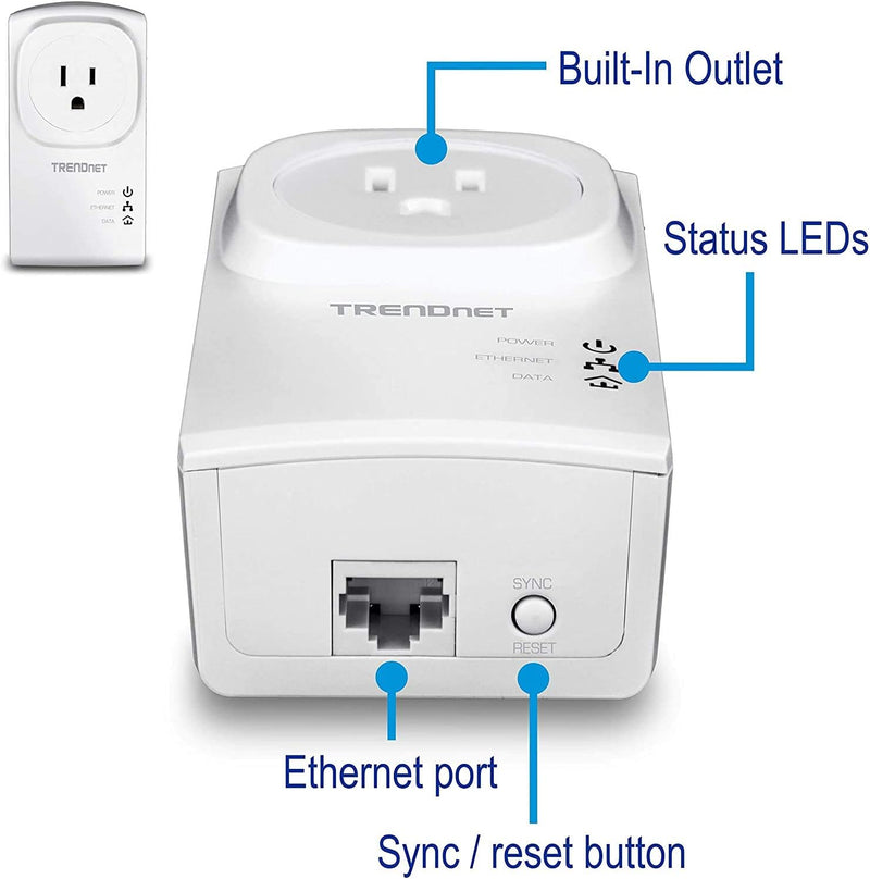 Trendnet Powerline 500 AV Nano Adapter Kit with Built-In Outlet, with Power Outlet Pass-Through, Includes 2 X TPL-407E Adapters, TPL-407E2K (Renewed)