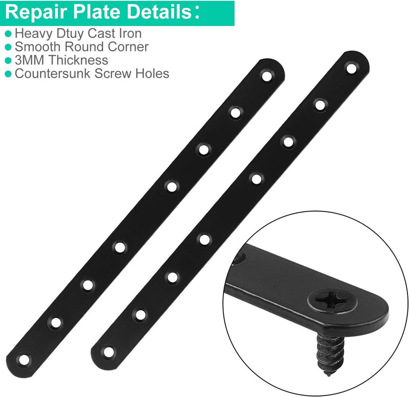 12PCS Mending Plates, 10” Heavy Duty Flat Straight Brackets, Black Metal Mending Plate for Repairing Wood Furniture Dresser Shelf Bed Table, Fixing Furniture Fastener Hardware