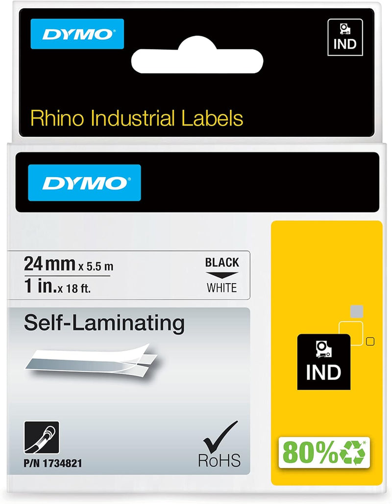 Rhino Industrial Self-Laminating Labels, 1", Black Print on White Tape