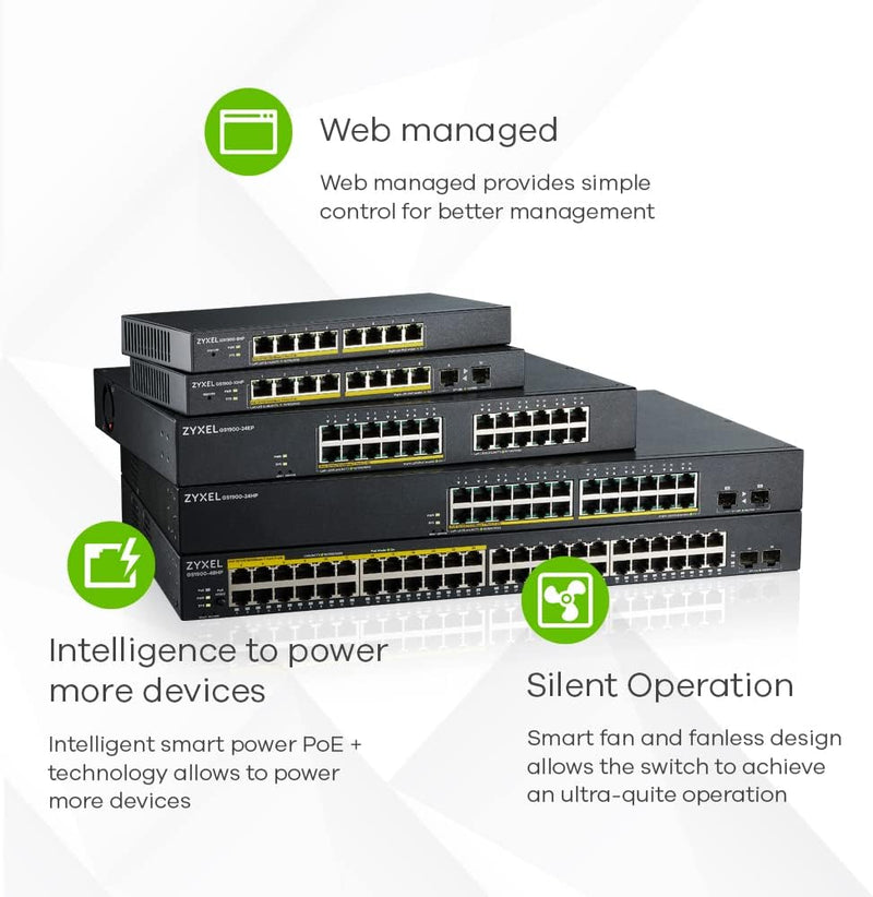 24-Port Gigabit Switch | Smart Managed | Desktop/Rackmount and Fanless | VLAN, IGMP, Qos | Lifetime Warranty [GS1900-24E] 24 Ports