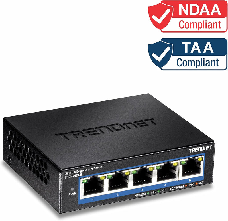 5-Port Gigabit Edgesmart Switch, TEG-S50ES, 5 X Gigabit Ports, 10Gbps Switch Capacity, Ethernet Splitter, Managed Smart Gigabit Switch, Metal, Fanless, Lifetime Protection, Black