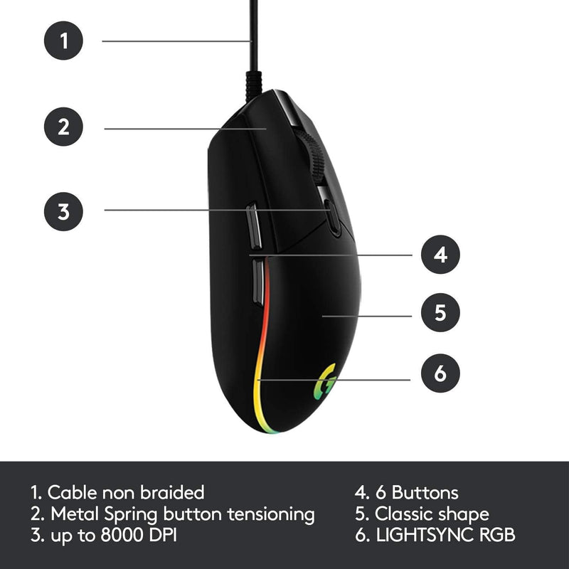 Logitech G203 LIGHTSYNC Wired Gaming Mouse, 8,000 DPI, Rainbow Optical Effect RGB, 6 Programmable Buttons, On-Board Memory, Pc/Mac Computer, Laptop Compatible - Black (Renewed)