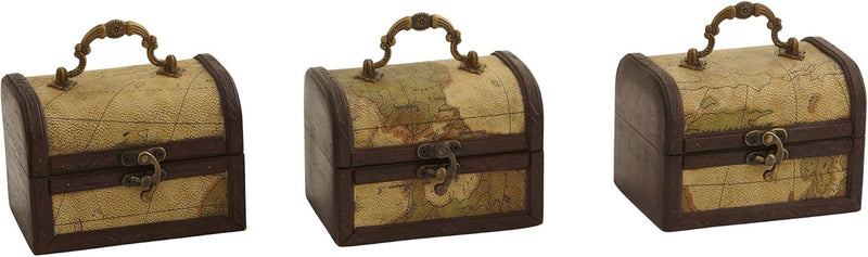 Nearly Natural Decorative Trunk Chests with Map Design, Brown, Set of 3