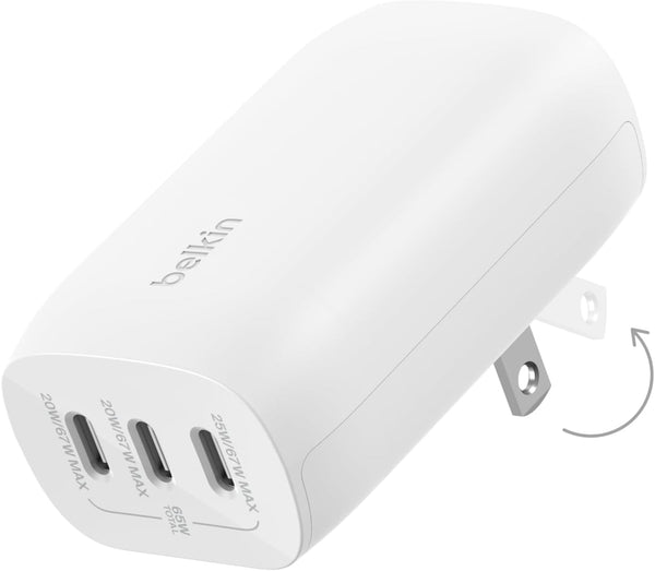 Boostcharge 3-Port USB-C Wall Charger with PPS 67W, USB-C PD 3.1 Enabled Fast Charging Iphone Charger for Iphone 16 Series, Macbook Pro, Airpods, Galaxy, and Other PD Enabled Devices - White