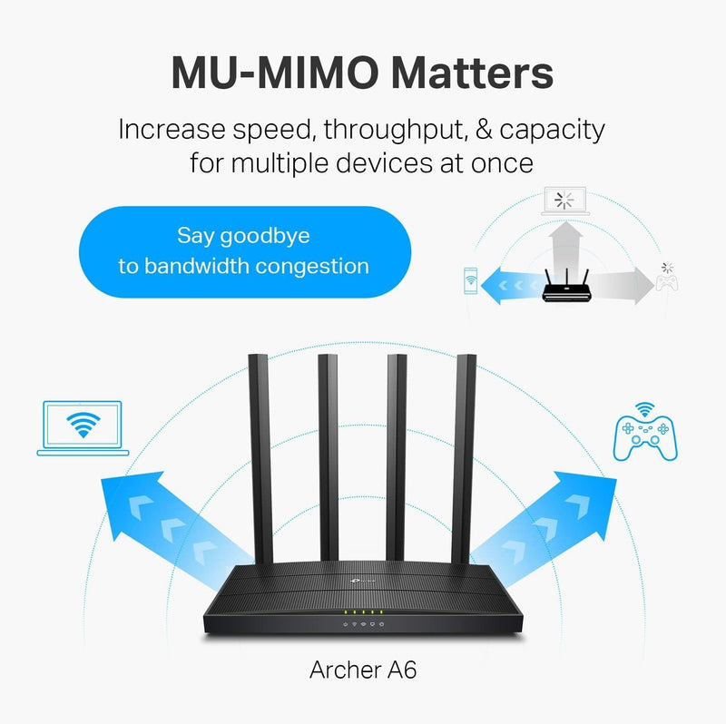 AC1200 Gigabit Wifi Router (Archer A6) - Dual Band MU-MIMO Wireless Internet Router, 4 X Antennas, Onemesh and AP Mode, Long Range Coverage