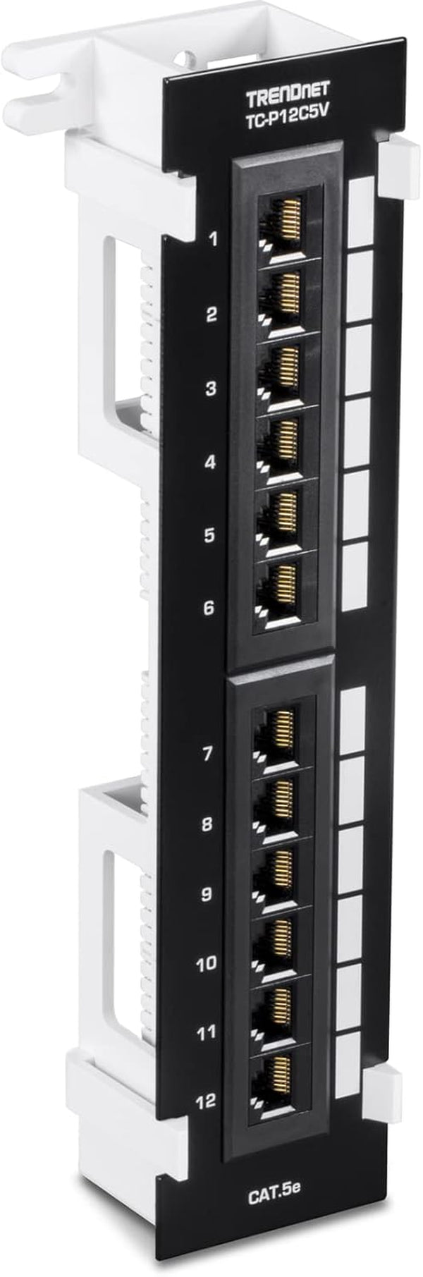 12-Port Cat5E Unshielded Patch Panel, Wall Mount, Included 89D Bracket, Vertical or Horizontal Installation, Compatible with Cat5E & Cat6 RJ45 Cabling, Black, TC-P12C5V