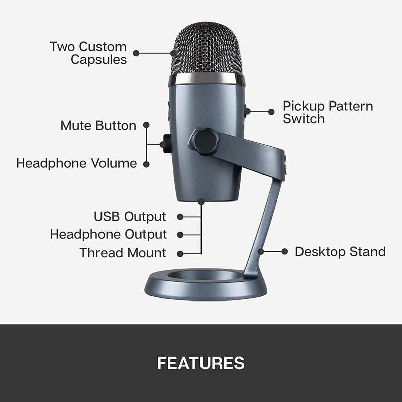Yeti Nano Premium USB Microphone for PC Mac Gaming Recording Streaming Podcasting Condenser Mic with  VO!CE Effects Cardioid and Omni No-Latency Monitoring - Shadow Grey