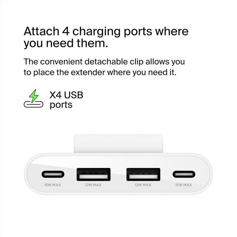 Boostcharge 4-Port USB Power Extender for Apple Iphone, Ipad, Samsung Galaxy - Compatible W/Usb-C & USB-A Connections - White