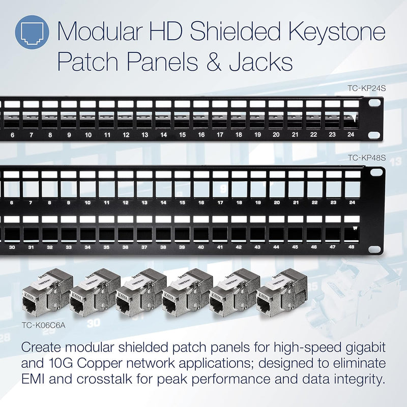 48-Port Blank Keystone Shielded 2U HD Patch Panel, TC-KP48S, 2U 19” Metal Rackmount Housing, Network Management Panel, Recommended with TC-K06C6A Cat6A Keystone Jacks (Sold Separately)