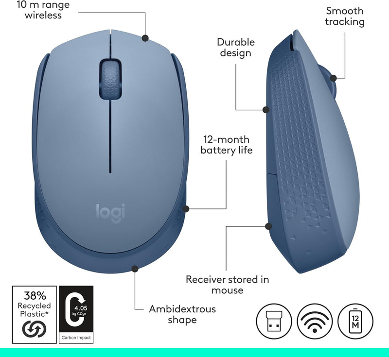 Logitech M170 Wireless Mouse for PC, Mac, Laptop, 2.4 Ghz with USB Mini Receiver, Optical Tracking, 12-Months Battery Life, Ambidextrous - Blue Grey