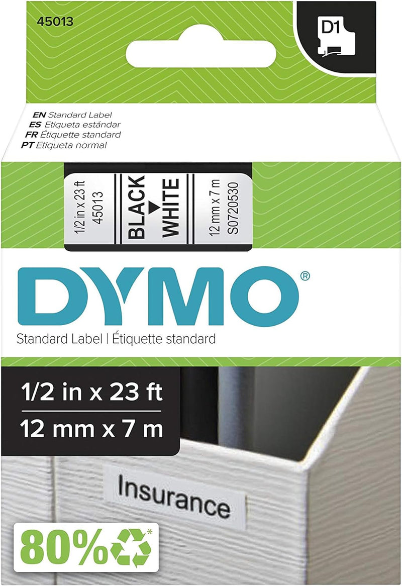 Standard D1 Labeling Tape for Labelmanager Label Makers, Black Print on White Tape, 1/2'' W X 23' L, 1 Cartridge (45013)