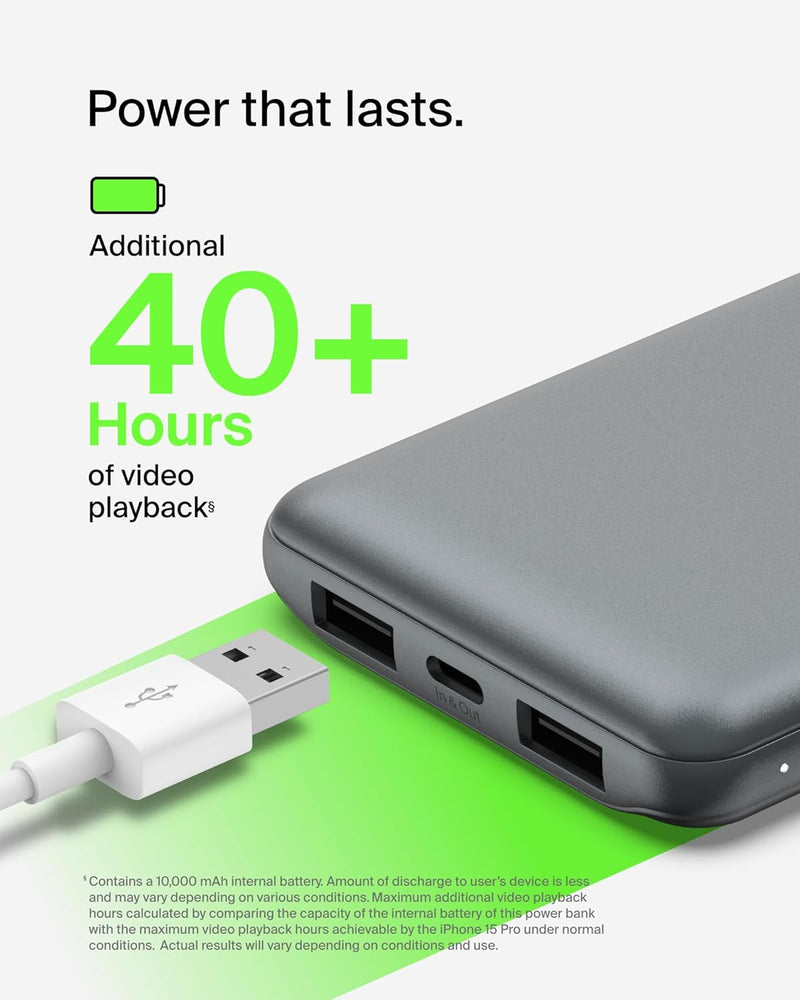 Portable Charger, USB-C Power Bank 10K W/ 1 USB-C Port and 2 USB-A Ports with USB-A to USB-C Cable for Iphone 16, 16 Plus, 16 Pro, 16 Pro Max, Samsung Galaxy S24, & More - Gray