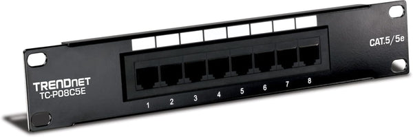 8 Port Cat5/5E Unshielded Patch Panel,Tc-P08C5E,Wallmount or Rackmount,10 Inch Wide, 8 X Gigabit RJ-45 Ethernet Ports,100 Mhz Connection, Color Coded Labeling,110 IDC Terminal Blocks,Black