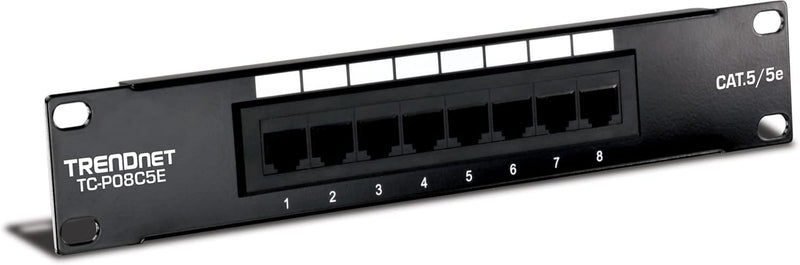 Trendnet 8 Port Cat5/5E Unshielded Patch Panel,Tc-P08C5E,Wallmount or Rackmount,10 Inch Wide, 8 X Gigabit RJ-45 Ethernet Ports,100 Mhz Connection, Color Coded Labeling,110 IDC Terminal Blocks,Black