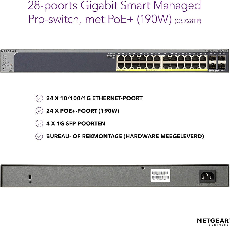 28-Port Gigabit Ethernet Smart Managed Pro Poe Switch (GS728TP) - with 24 X Poe+ @ 190W, 4 X 1G SFP, Desktop/Rackmount, and Prosafe Lifetime Protection (Renewed) Layer 2+ Smart Pro 28 Port (24 190W + 4 SFP)
