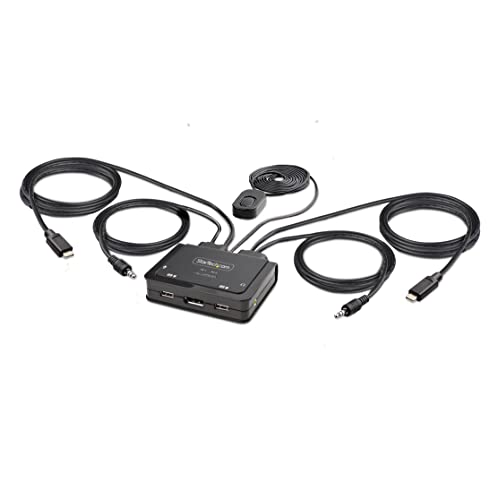 StarTech.com 2-Port USB-C Cable KVM Switch, 4K 60Hz DisplayPort Output, Compact KVM with 4ft/1.2m USB Type-C/Audio Integrated Host Cables, Bus Powered, Remote/Hotkey Switching (C2-D46-UC2-CBL-KVM) - PEGASUSS 