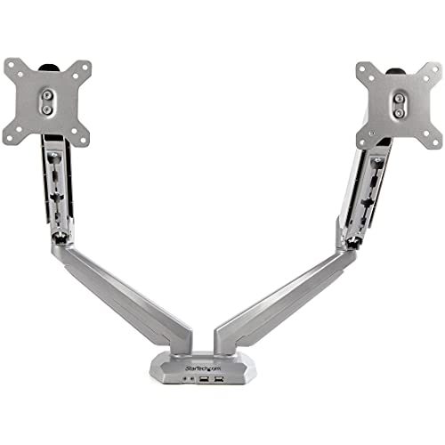 StarTech.com Desk Mount Dual Monitor Arm with USB & Audio - Desk Clamp VESA Mount for up to 32 inch Displays - 2X USB, 2X 3.5mm Audio - Ergonomic Full Motion Dual Monitor Arm - Silver (ARMSLIMDUOS) - PEGASUSS 
